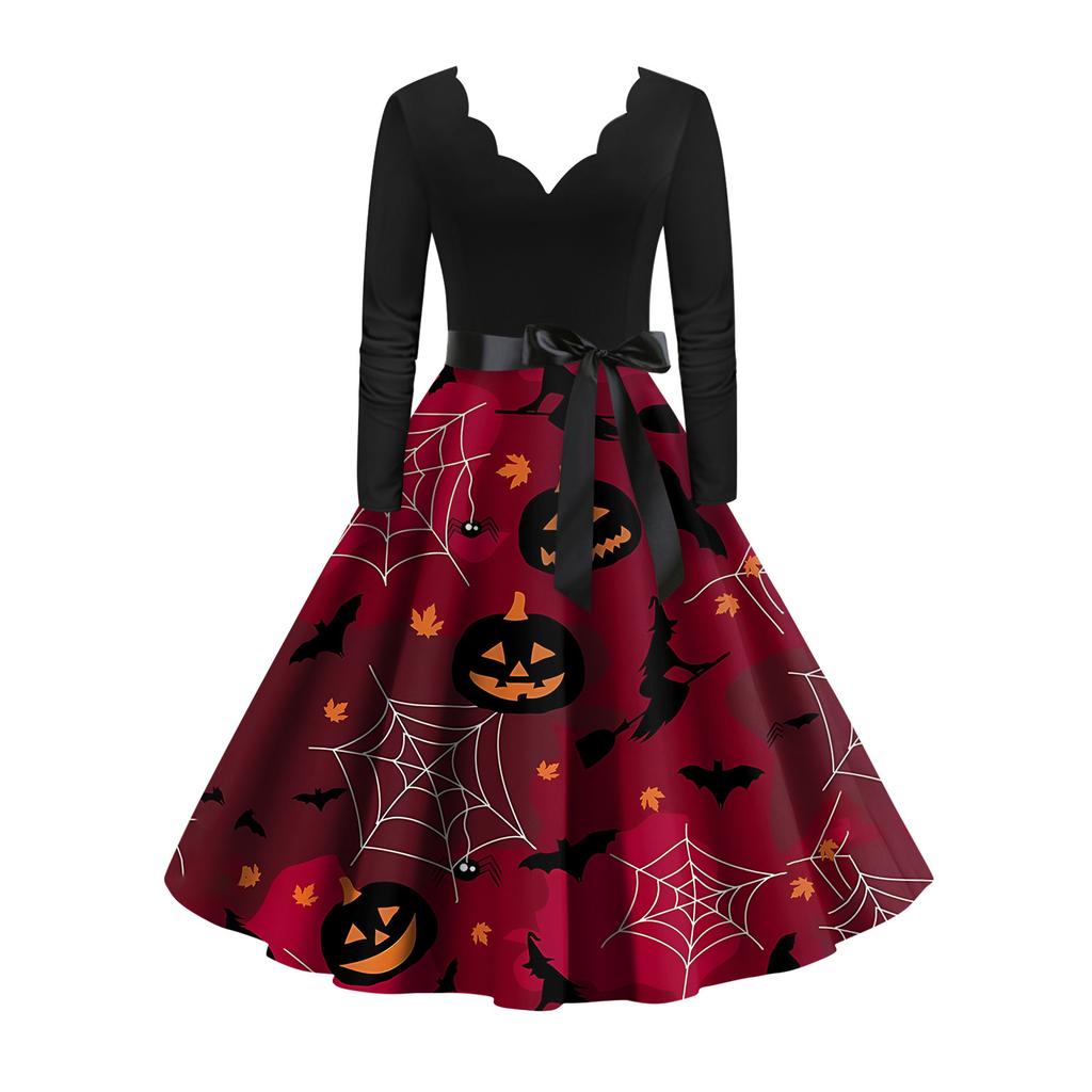 Женское винтажное классическое платье с вырезом на талии и галстуком-бабочкой с длинными рукавами на Хэллоуин с принтом и V-образным вырезом, свободное платье