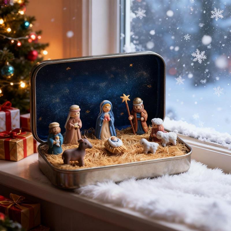 Mini Christmas Nativity Set in Tin Box, Mini Christmas Trough Set