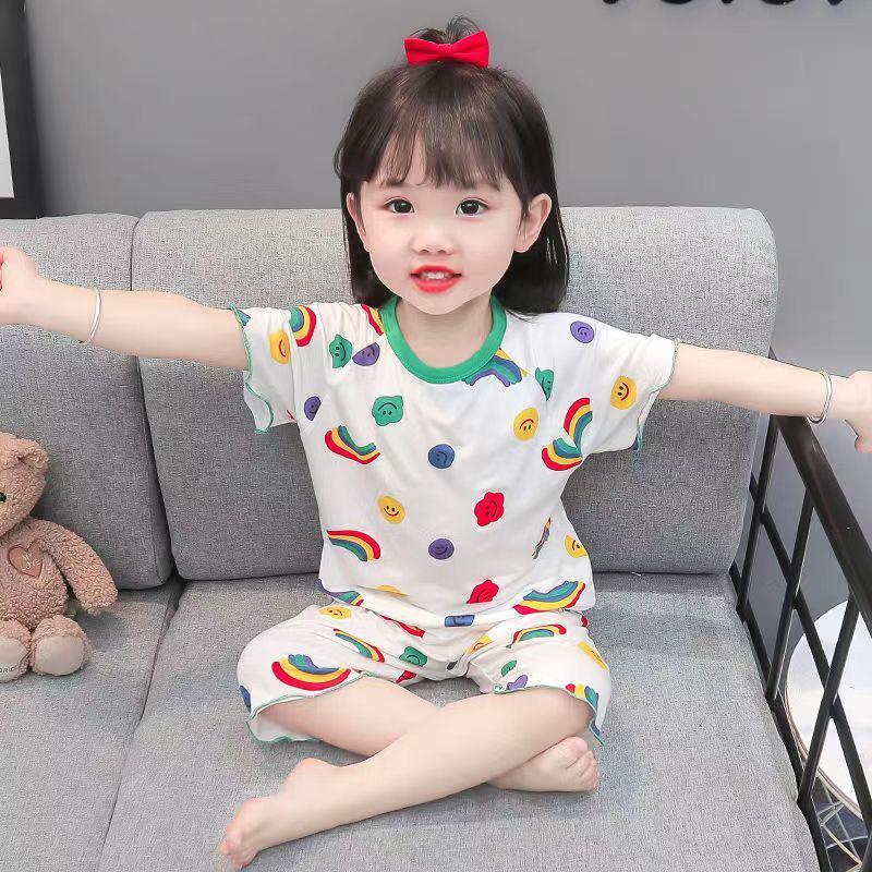 Ice Silk Soft Girls' Short-Sleeve Pajamas - Stylish Korean Summer Sleepwear for Babies