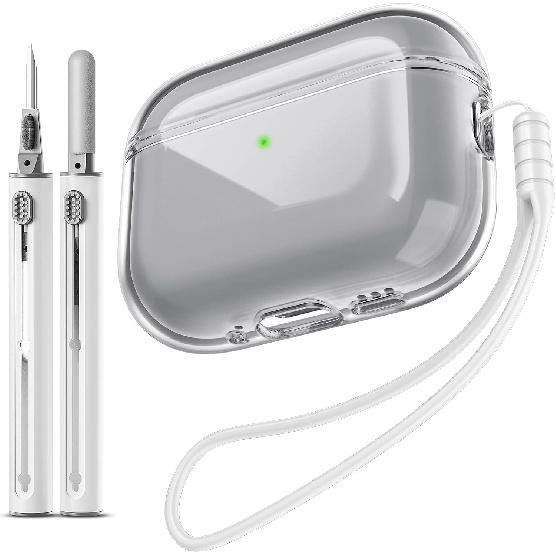EQD for AirPods Pro 2 Case Clear, with Cleaning Kit and Keyring, White