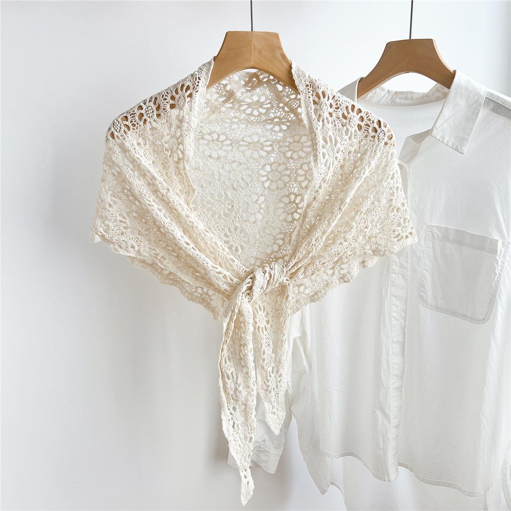 White Knitted Triangle Scarf Ethnic Style Crochet Flower Scarves Hollow Out Lace Shawl Summer