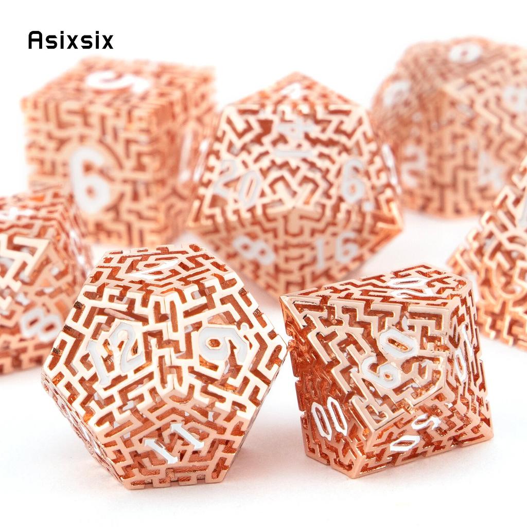 7 шт. оранжево-белые металлические игральные кости, лабиринт, полый металлический многогранный набор кубиков, подходящий для ролевой игры, настольной игры, карточной игры