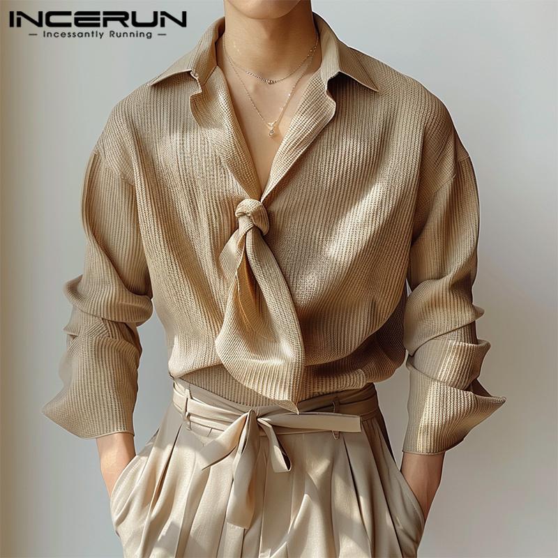 INCERUN Men Spring Long Sleeve Bow Tie Knitted Tops Lapel Loose Pullovers