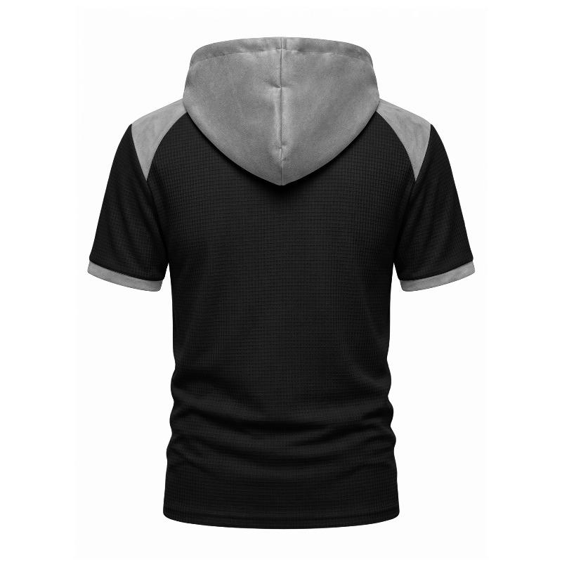 Мужская футболка-henley с капюшоном, коротким рукавом, цветовыми блоками и завязками, повседневная.
