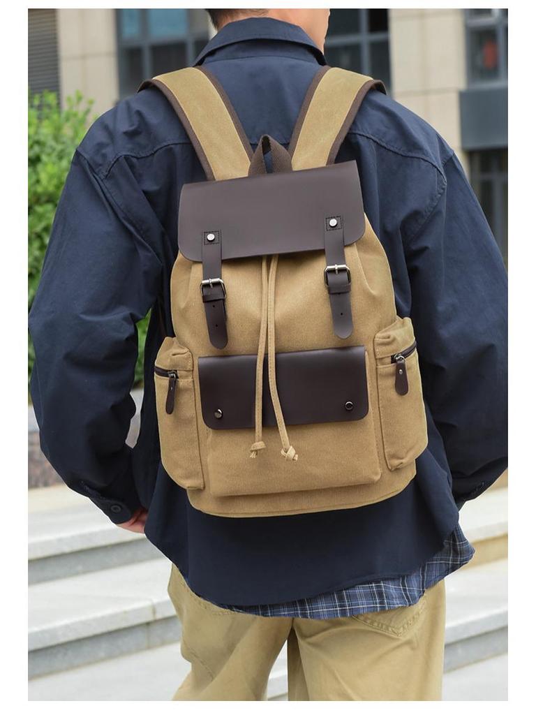 Vintage Canvas Backpack: Large Capacity, Travel & Laptop Bag with Drawstring Flap for Men