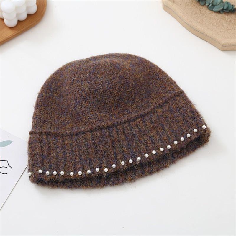 Wool basin hat women's autumn and winter new personalized versatile pearl shows a small face, fashionable warm pearl knitted fisherman hat