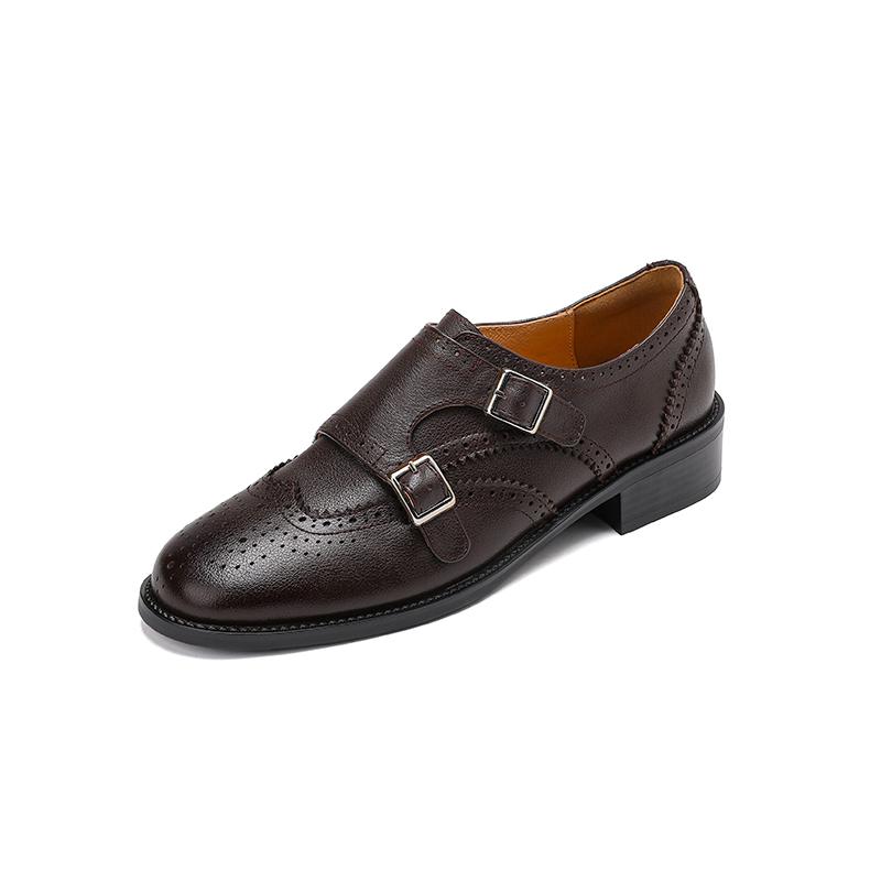 Модная женская обувь Оксфорды на низком каблуке 2025 Весенняя обувь для женщины Натуральная кожа Броги Винтажные лоферы с пряжкой Повседневная черная коричневая обувь для девочек