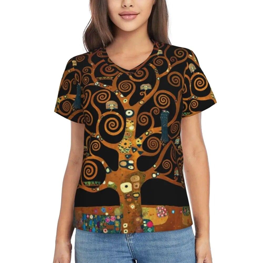 Gustav Klimt T Shirt The Kiss Hip Hop T-Shirts Women V Neck Basic Tops 2024 Beach Short Sleeve Pattern Clothes