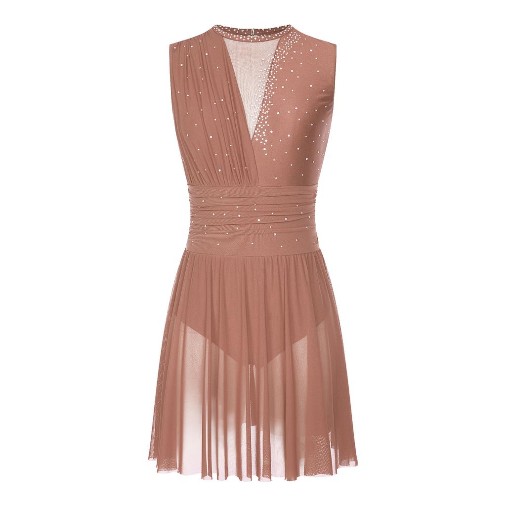 Womens Figure Skating Dress Modern Lyrical Ballet Dance Leotard Tutu Sleeveless Shiny Rhinestone Gymnastic Performance Dancewear