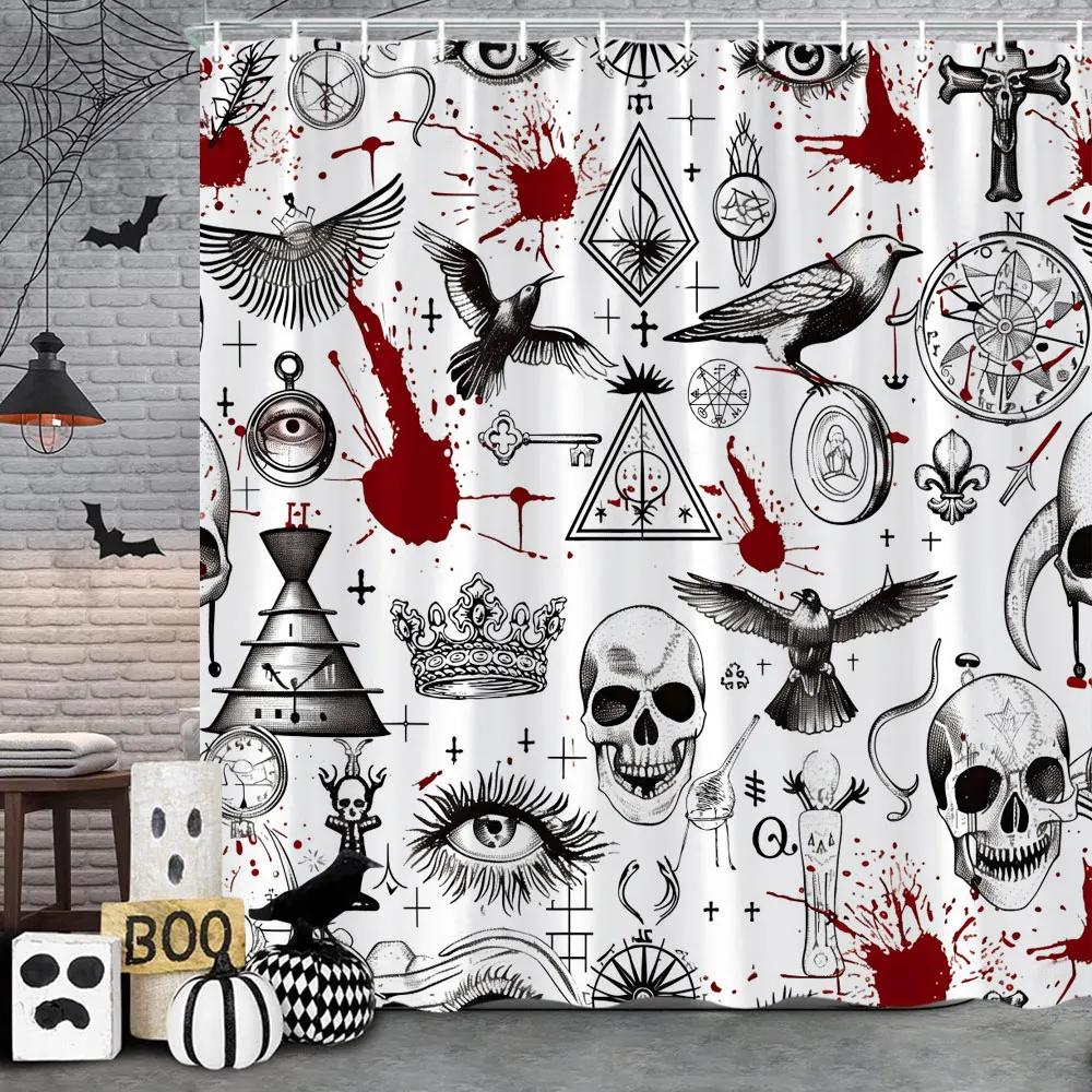 Scary Halloween Shower Curtain Vintage Skulls Eagles Pumpkins Roses Boho Polyester Fabric Bath Curtain Bathroom Decor with Hoo