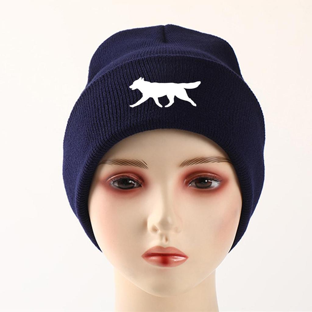 White Wolf Dog Print Knitted Cap Beanie, Animal Man Cap Lightweight Elastic Casual Bobble Hat Knit Hat Beanie