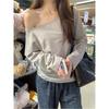 Gray Pure Cotton Off-Shoulder Long-Sleeve Women's T-Shirt - Loose Fit, Spring/Autumn Stylish and Sexy Top