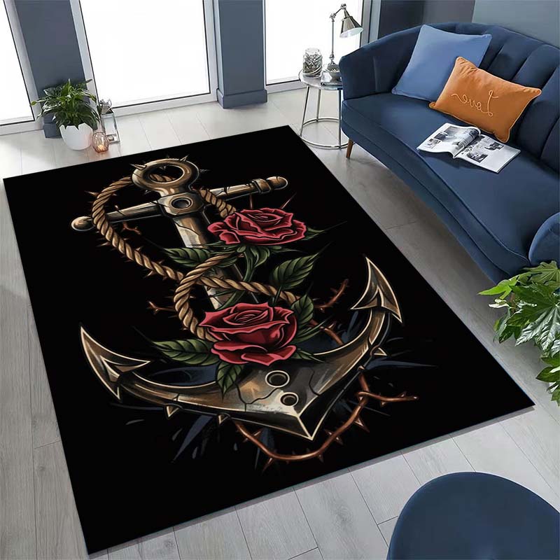 Large, non-slip decorative rug featuring a classic vintage nautical anchor pattern.