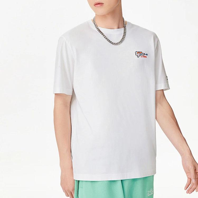 Li-Ning Вышитый узор, однотонная круглая горловина, повседневная футболка, мужские топы, белый цвет AHSS323-1