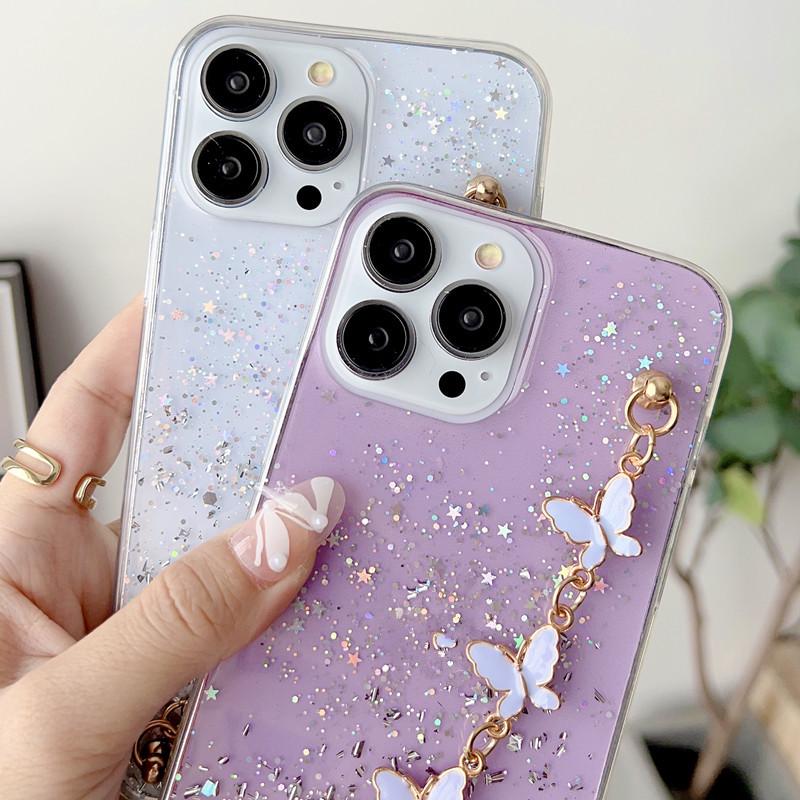 Прозрачный чехол из смолы с блестками для iPhone 17 Pro Max с браслетом, дизайн с прозрачным бантиком