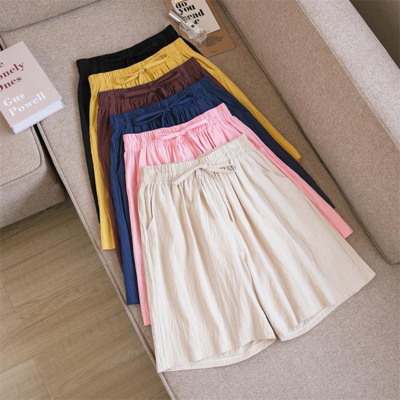 Women's Summer Cotton Linen Five Inch Breathable Mid Length Pants Casual Loose Oversized Wide Leg Pants