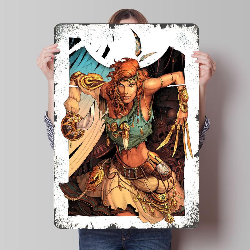 Pirate Girl Comics Dark Fantasy Plunder Poster Customized Wall Art Vintage Metal Signs Retro Tin Plaque for Man Cave Wand Deko