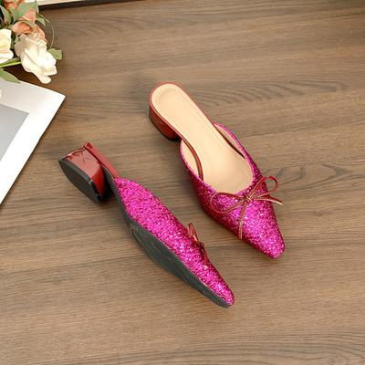 Женские тапочки для улицы, сверкающие полутапочки с бантиком, женская летняя одежда для отдыха, новые сандалии на толстом каблуке с острым носком, женские сандалии