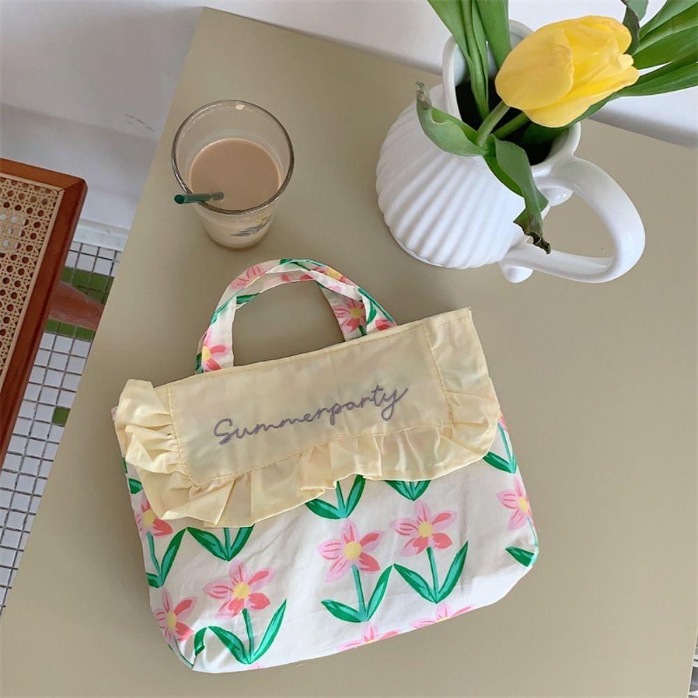 Printed Floral Embroidery Canvas Bag Lace Flower Print Cloth Bag Bucket Bag Countryside Style Canvas Shoulder Bag