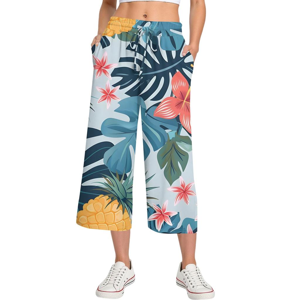 Женские летние повседневные спортивные брюки с высокой талией и принтом, укороченные брюки свободного покроя