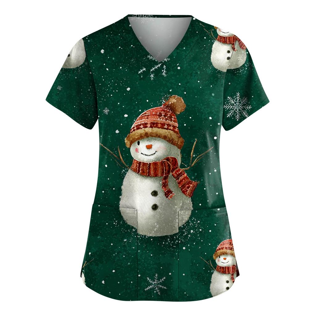 Women's Fashion V-Neck Short-Sleeved Workwear With Pockets Christmas Print Top Caregiver Uniform