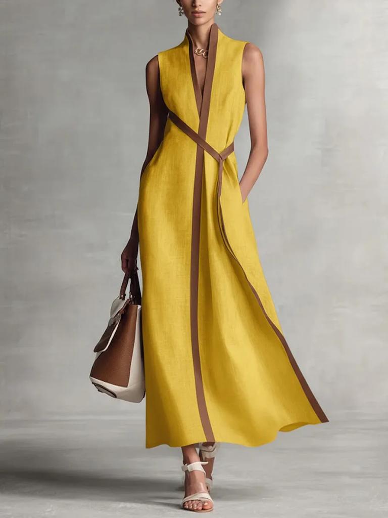 Women's clothing contrasting color sleeveless V-neck cotton and linen temperament elegant dress women