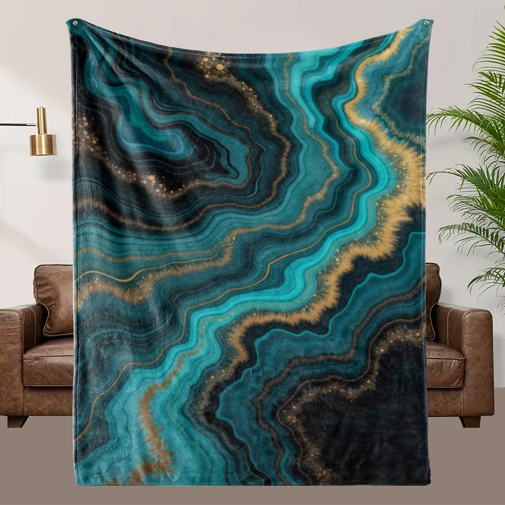 Абстрактное искусство Флисовое одеяло Бирюзово-синий Золотой мраморный дизайн Мягкий Дышащий Всесезонный Роскошный плед для домашнего декора Подарок