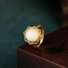 Ethnic Style Adjustable Rose Flower Ring with Gold-Plated Imitation Jade for Women