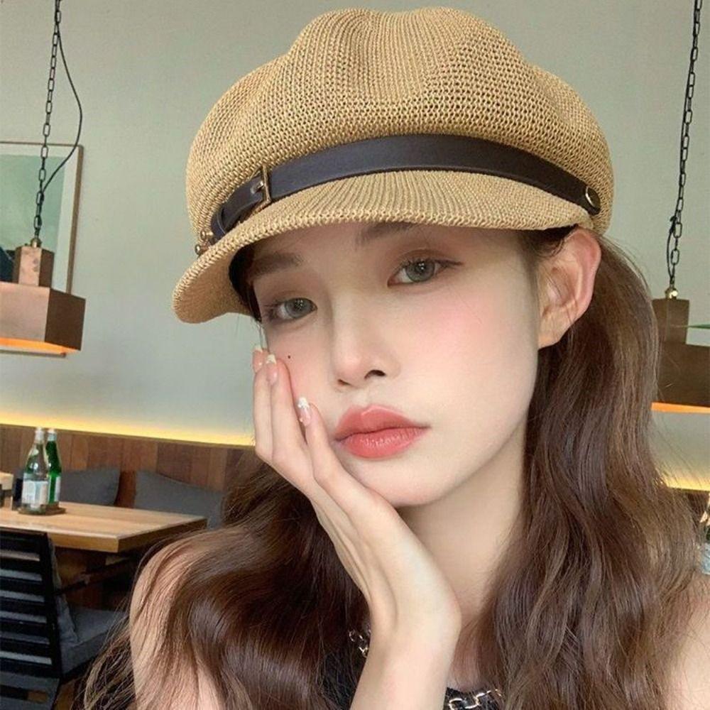 Knitted Women's Beret Breathable Octagonal Hat Summer Painter Hat  Sun Protection