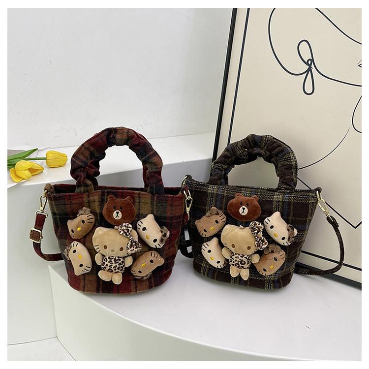 Ielgy Fashion Cute Doll Handbag Autumn Winter Woolen Check Bucket Bag Large Capacity Crossbody Bag