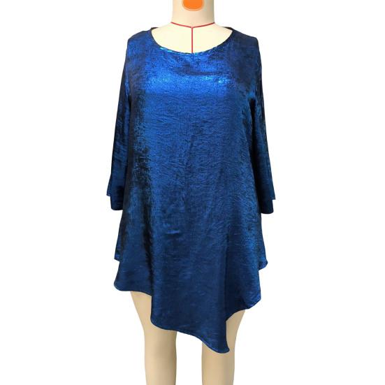 Women Tops Round Neck Ninth Length Sleeve Mid-length Blouse Sparkling Irregular Hem Loose Fit Tee Shirt Daily Wear