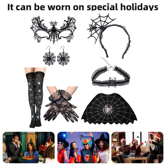 Костюм Паутины для Женщин Черное Кружевное Оголовье Чокер Перчатки