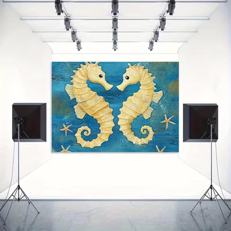 2D Vintage Nautical Seahorse Backdrop 2D Flat Print Blue Ocean Starfish Background