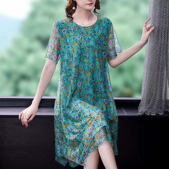 Women's Spring Summer Vintage Embroidered Large Size Women's Loose Mesh Large Size Short Sleeve Dress Printed Casual Dress