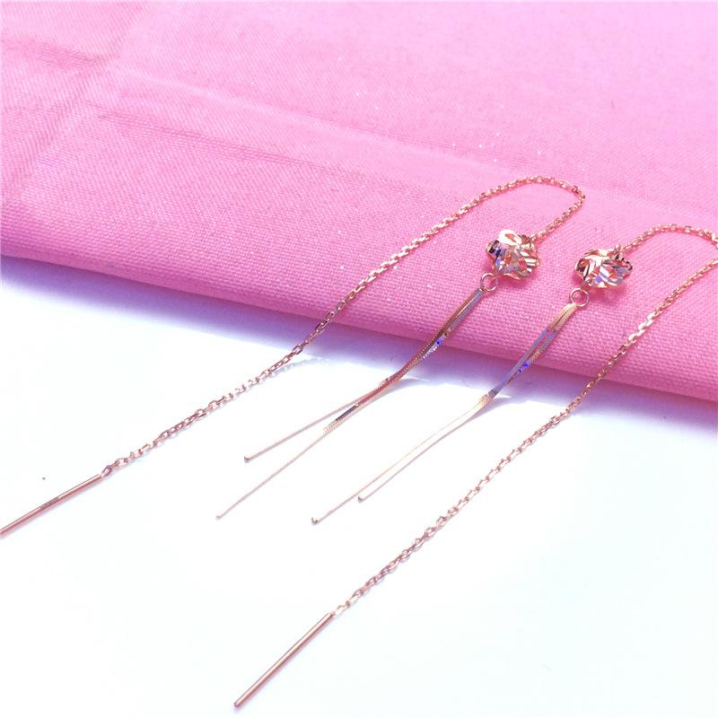 Exquisite Rose Gold Plated Snake Bone Fringed Flower Earrings Personalized Versatile 585 Purple Gold Pure Russian Long Earrings