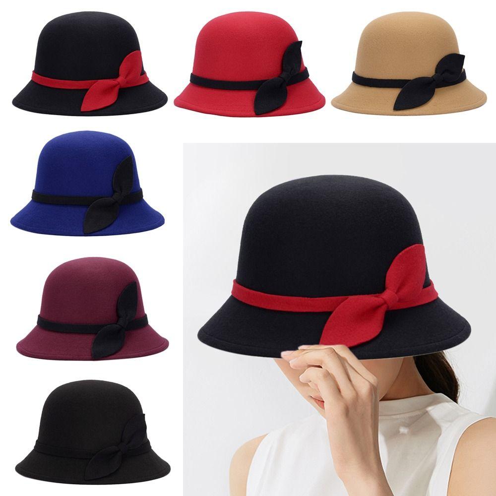 Винтажная шляпа с бантом из шерстяного фетра, повседневная шляпа-тазик, фетровая кепка, кепка-ведро, шляпы-котелки, купольная шляпа