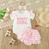 Summer Children's Sweet Short-sleeved Embroidered Letter Dress, Striped Shorts and Headband Set for Girls