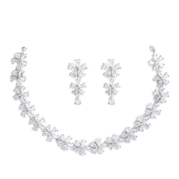 Rhodium Plated Silver Toned White American Diamond Studded Flower Shaped Jewellery Set For Girls and Women