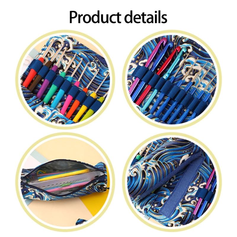 Large Capacity Crochet Hook Organiser Case Built in Zippered Pocket Elastic Slots For Knitting Tool And Crochet Supplies