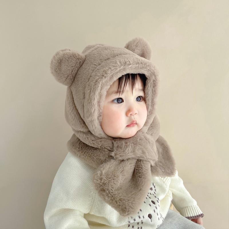 Faux Fur Winter Baby Hat Scarf One-Piece Soft Kids Cap for Girls Boys Cartoon Warmer Neck Ears Baby Bonnet Infant Accessories