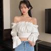 Autumn Women Solid Shirt Slash Neck Sexy Bandage Navel Exposed Long Sleeve Blouses