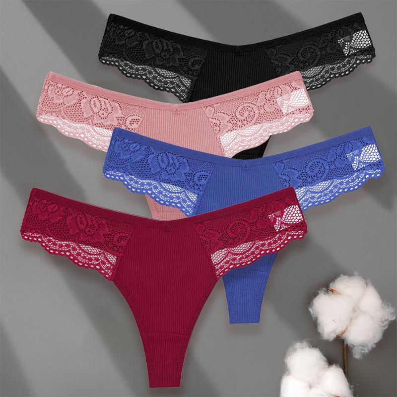 4PCS/Set Sexy V-Waist Women Cotton G-string S-XL Lace Lingerie Panties Thongs Femme Underwear Girls Underpant Intimates