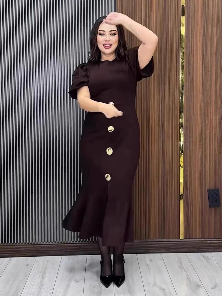 Элегантное платье-рыбка Осень 2025 - Однотонное, С коротким рукавом, Облегающее, С круглым вырезом