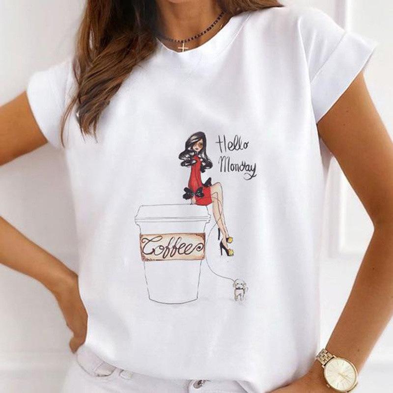 Summer Floral Girl Printed Base Shirt Cute Cartoon Round Neck Plus Size Pure Cotton Short Sleeved Top T-Shirts Women’s