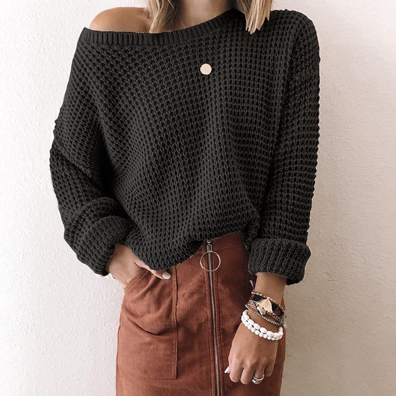 Women's Solid Colour Loose Fit Long Sleeve Knitted Top with Slanted Neckline Autumn Winter Sweater Luxurious Relaxed-fit Slimming and Versatile Top