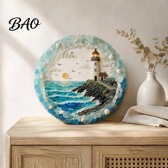 Decorative Sea Glass Ornament Lighthouse Art Wall Ornament, Hand Assembled Shells And Tumbled Coastal Decor, Beach Style Hanging for Theme Bathroom