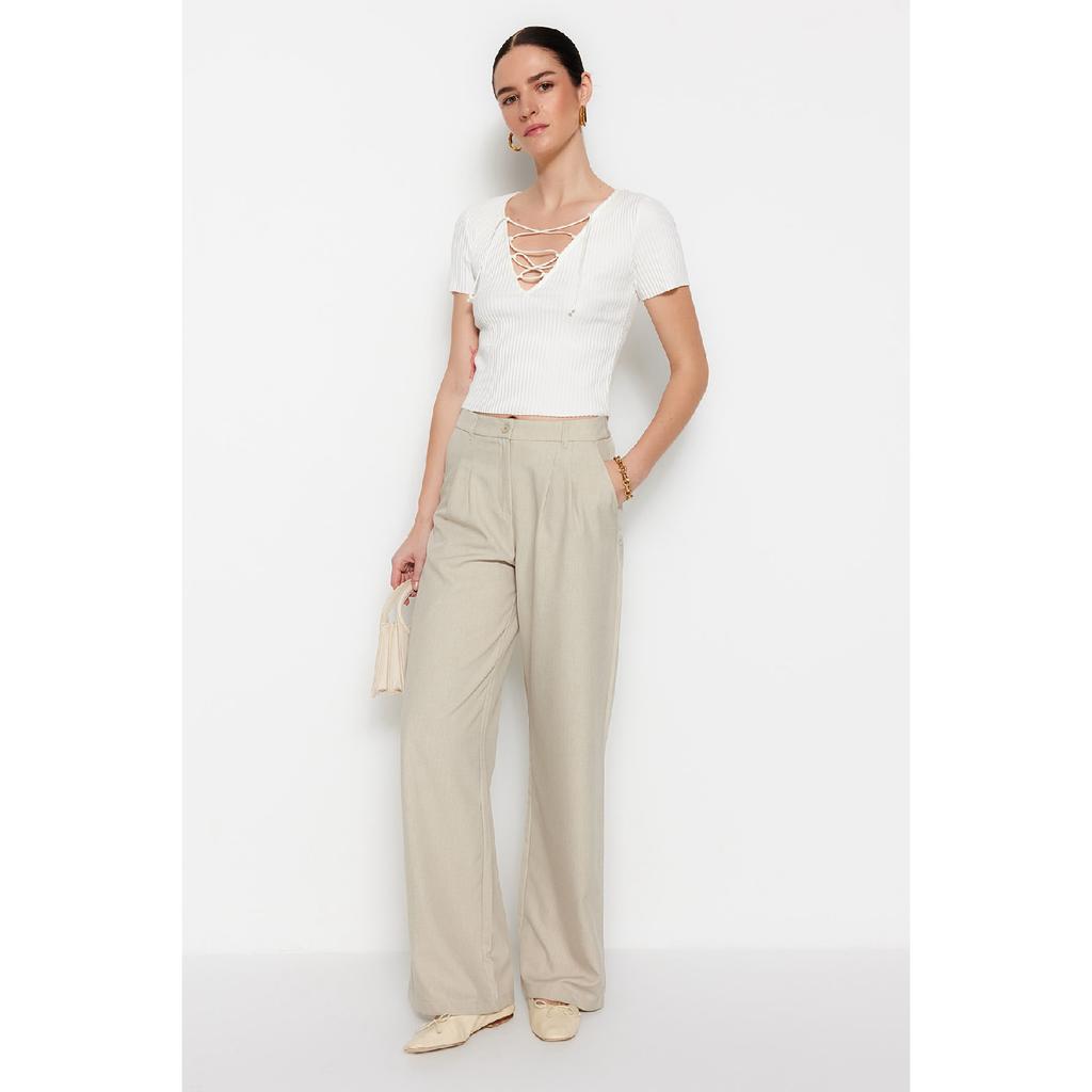 Brown Wide Leg Pleated Woven Trousers Twoaw22pl0475