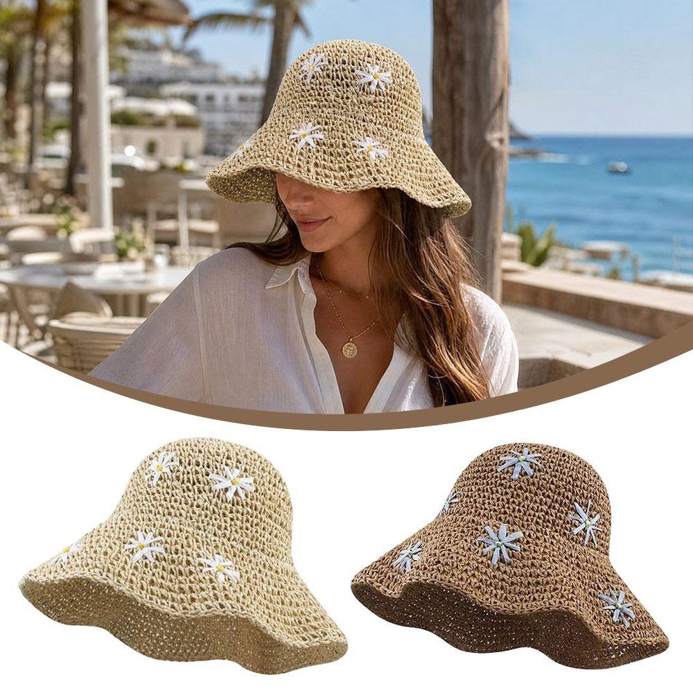 Straw Beach Sun Hat Flower Fisherman Cap Fashion Bucket Hat for Women