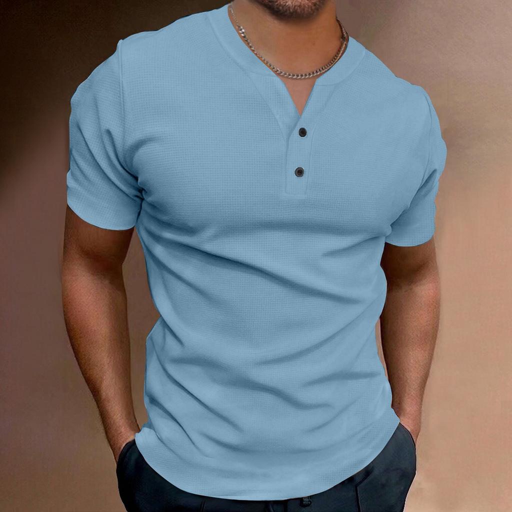 Мужская однотонная рубашка с V-образным вырезом и пуговицами, мужская спортивная рубашка с коротким рукавом
