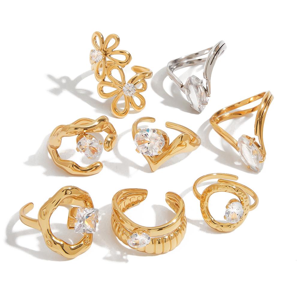 Минималистичное геометрическое кольцо с цирконом, полое, круглое, для женщин, из нержавеющей стали, с чеканным узором, ювелирное изделие в виде цветка